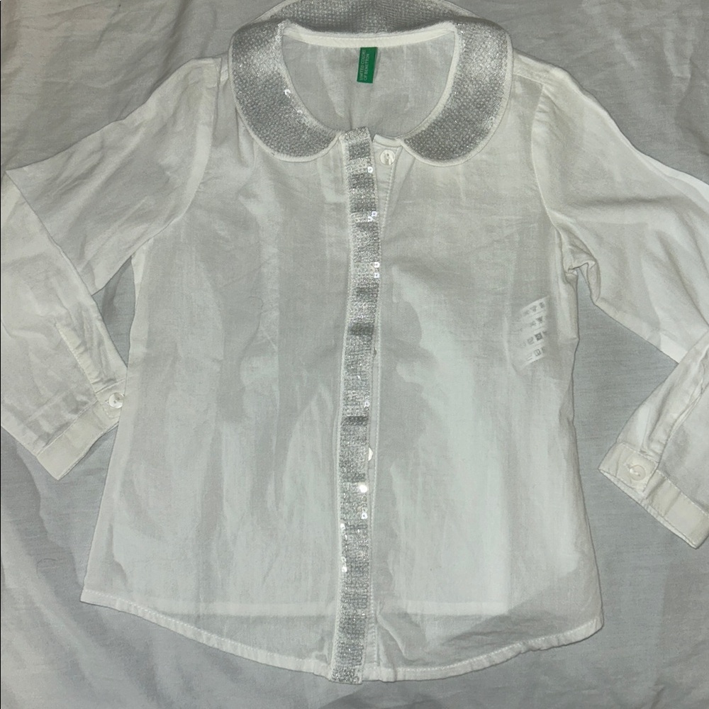 United Colors of Benetton Girls 3-4 White Cotton Blouse Sequin Peter Pan Collar